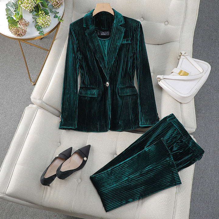 Women's Ribbed Velvet Blazer and Tapered Trouser Suit Set