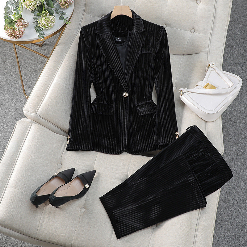 Women's Ribbed Velvet Blazer and Tapered Trouser Suit Set