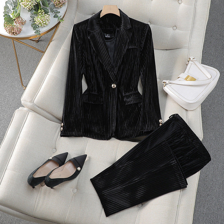 Women's Ribbed Velvet Blazer and Tapered Trouser Suit Set