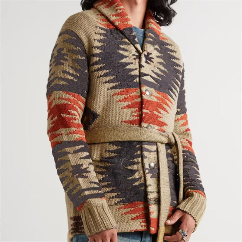 Men's Aztec-Print Cardigan with Shawl Collar