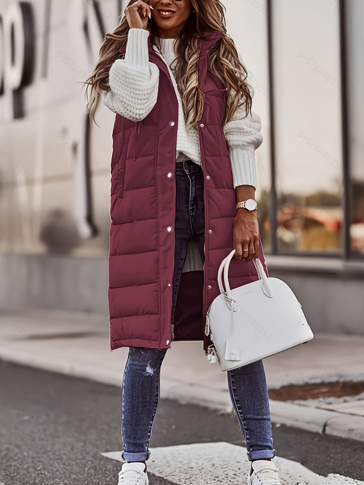 Women's Longline Hooded Padded Vest with Snap Buttons