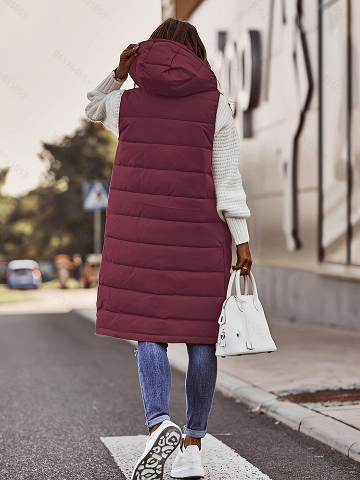 Women's Longline Hooded Padded Vest with Snap Buttons