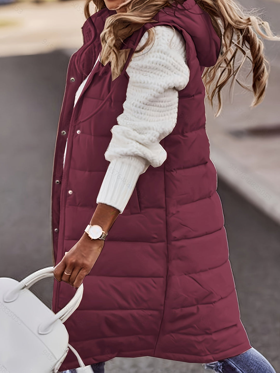 Women's Longline Hooded Padded Vest with Snap Buttons