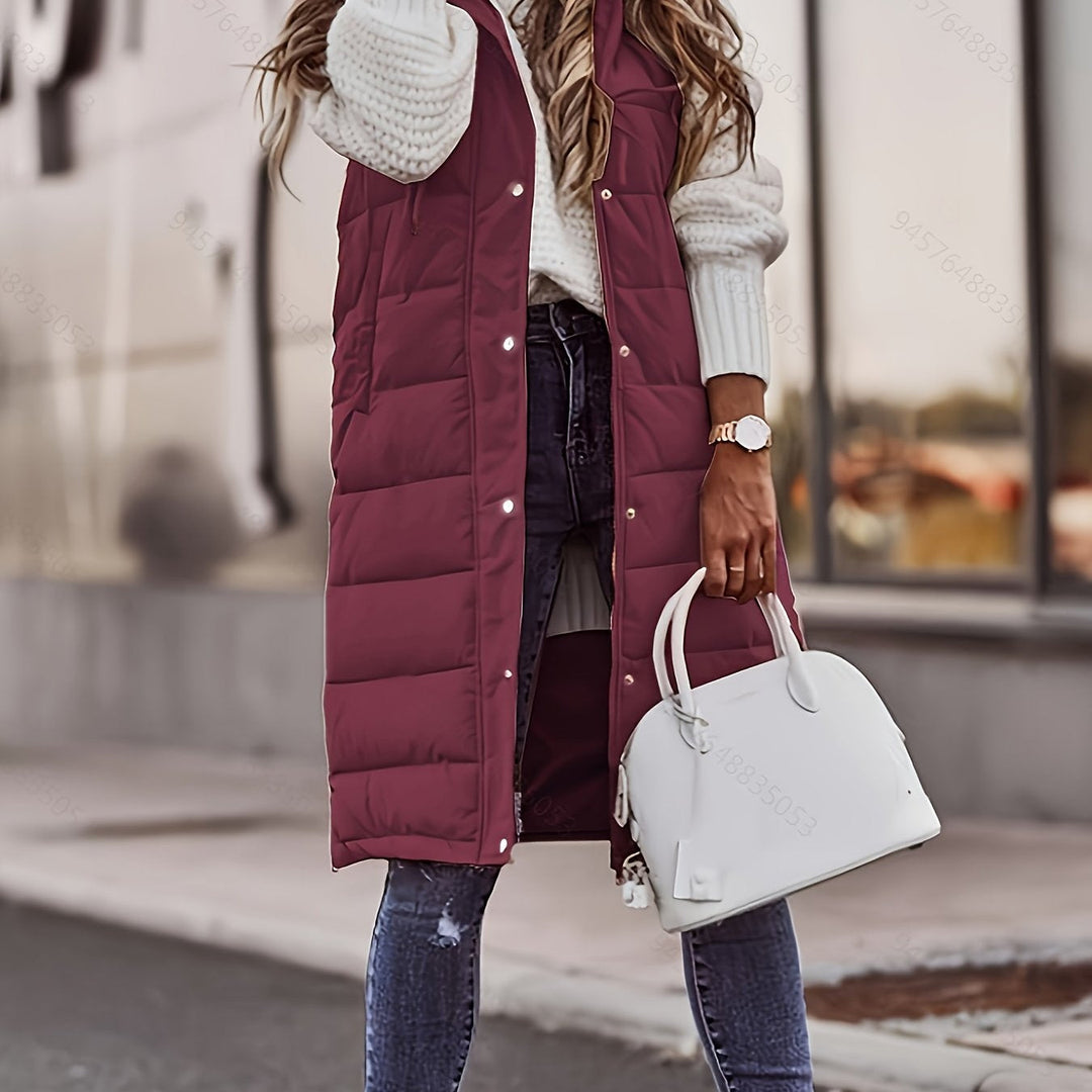 Women's Longline Hooded Padded Vest with Snap Buttons