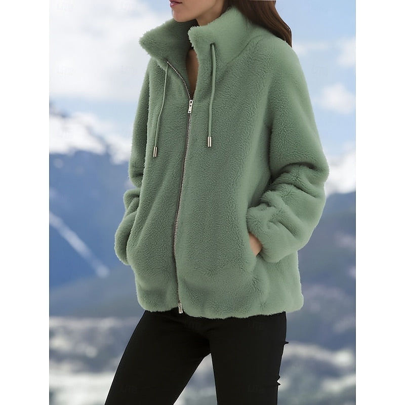 Women's Plush Teddy Zip-Up Coat with Stand Collar and Pockets