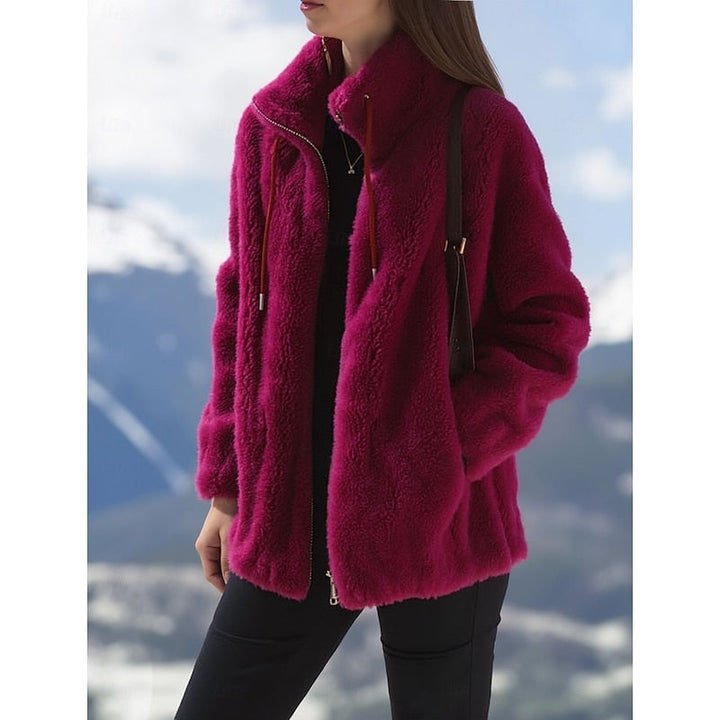 Women's Plush Teddy Zip-Up Coat with Stand Collar and Pockets