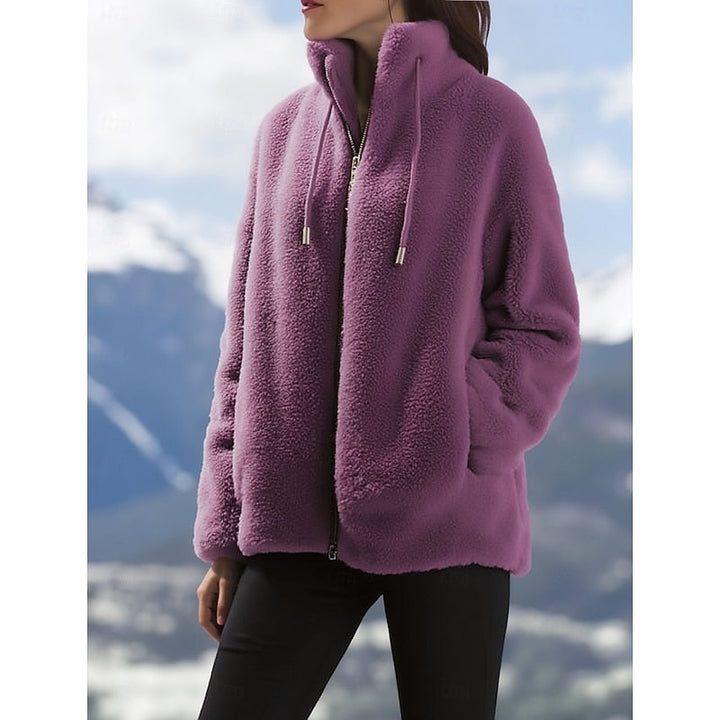 Women's Plush Teddy Zip-Up Coat with Stand Collar and Pockets