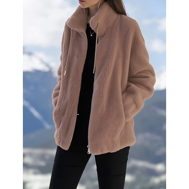 Women's Plush Teddy Zip-Up Coat with Stand Collar and Pockets