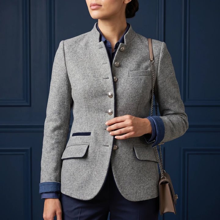Women's Piped Stand Collar Wool Blazer