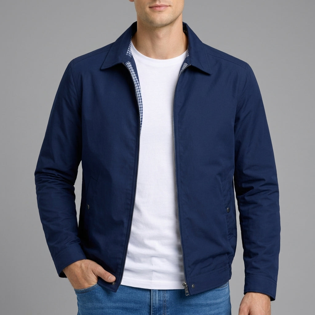 Men's Zip-Front Harrington Jacket with Check Lining