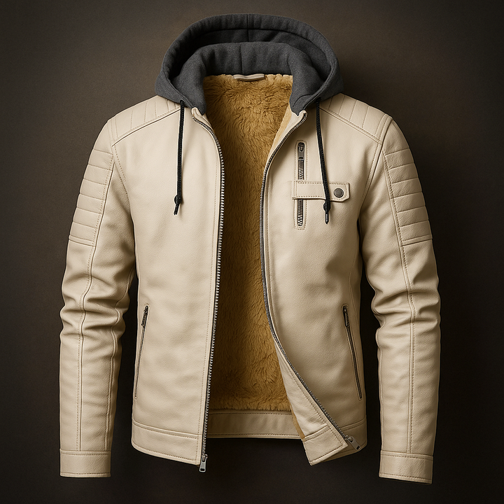 Men's Quilted Leather Jacket with Detachable Hood