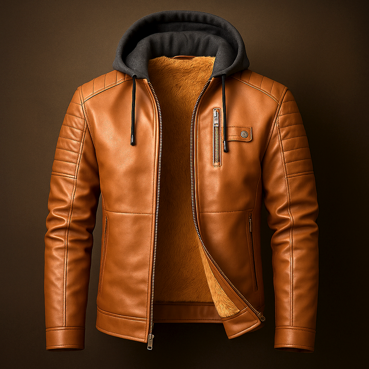 Men's Quilted Leather Jacket with Detachable Hood
