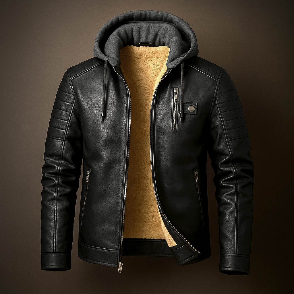 Men's Quilted Leather Jacket with Detachable Hood