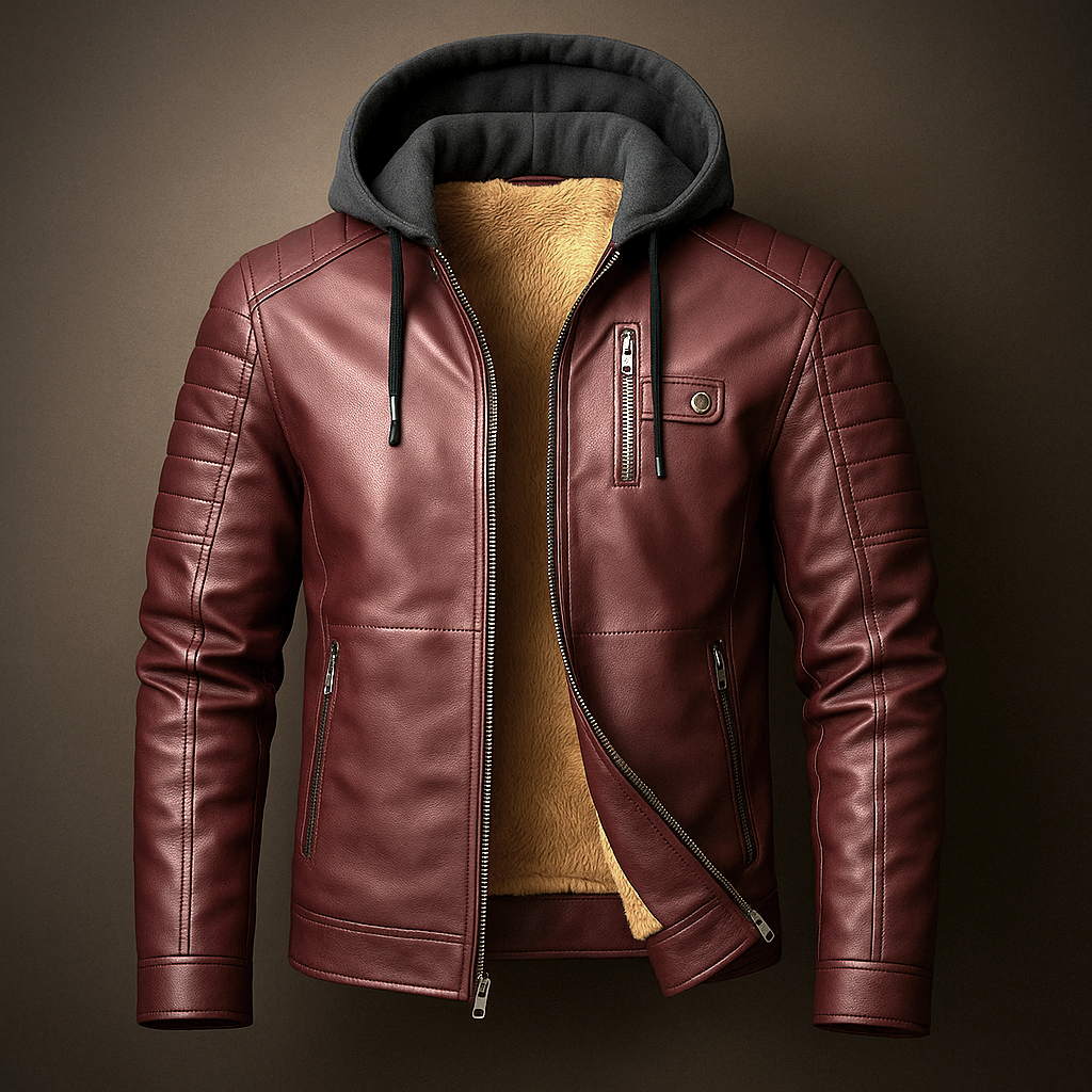Men's Quilted Leather Jacket with Detachable Hood