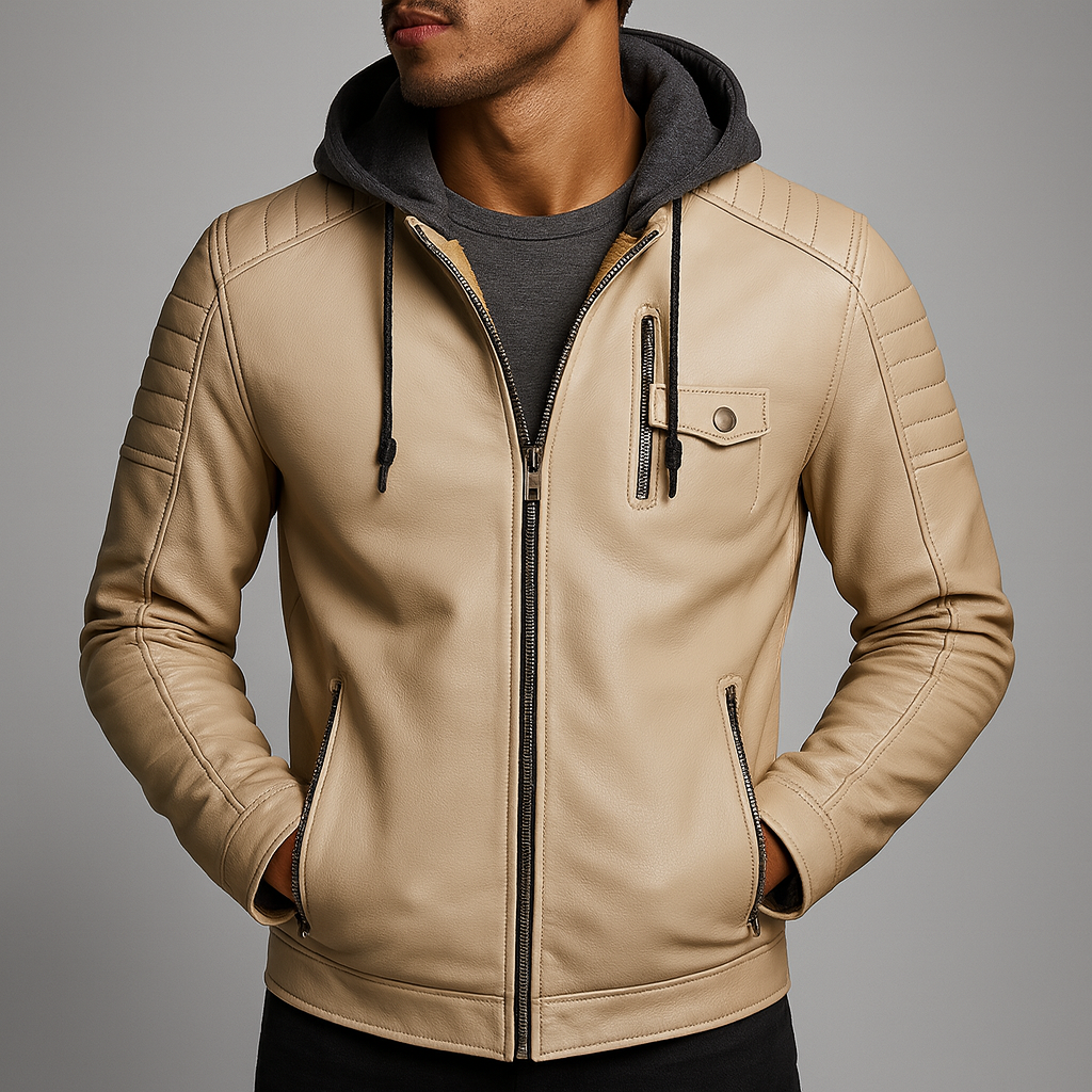 Men's Quilted Leather Jacket with Detachable Hood