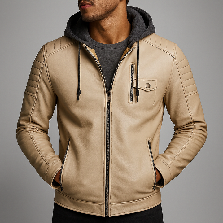 Men's Quilted Leather Jacket with Detachable Hood