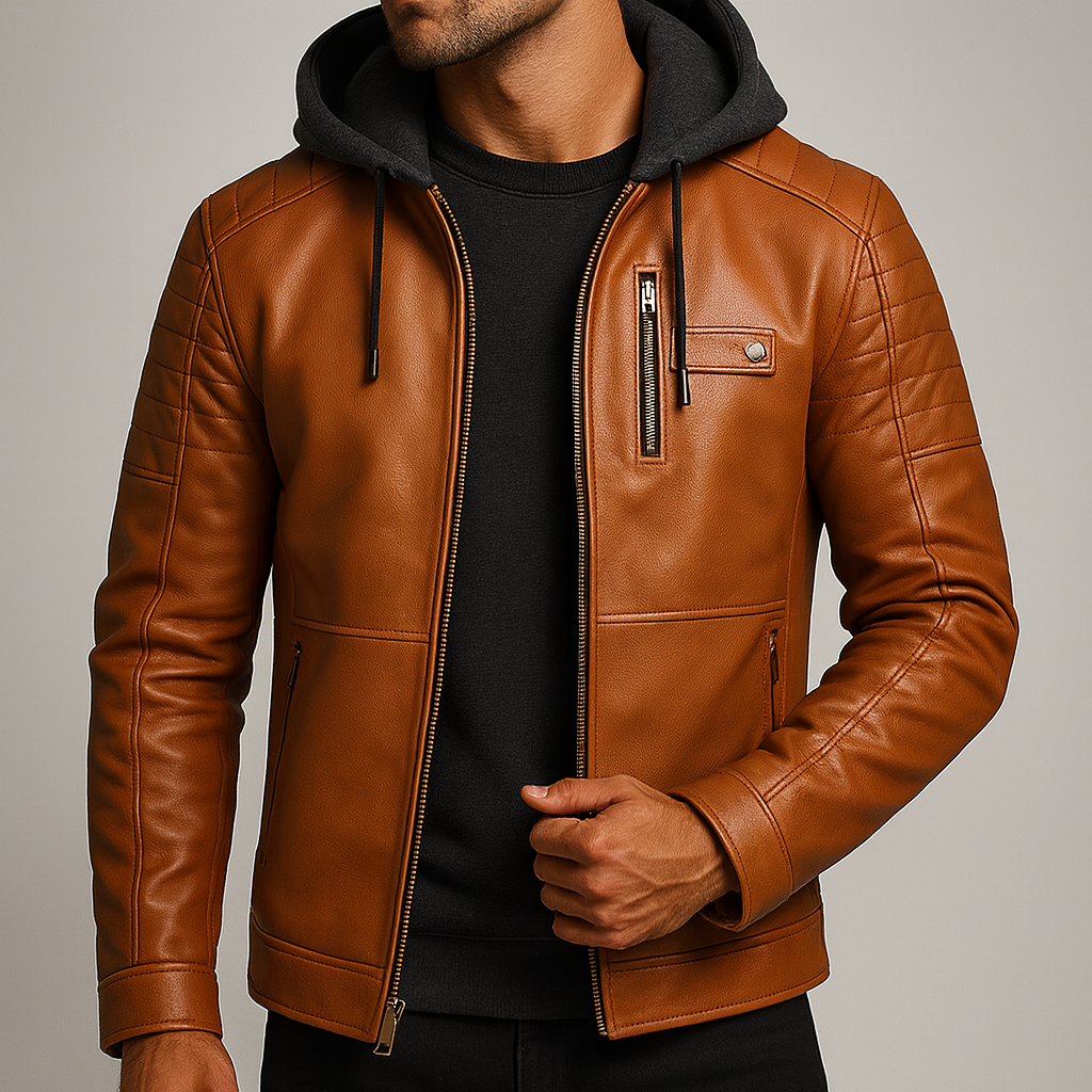 Men's Quilted Leather Jacket with Detachable Hood