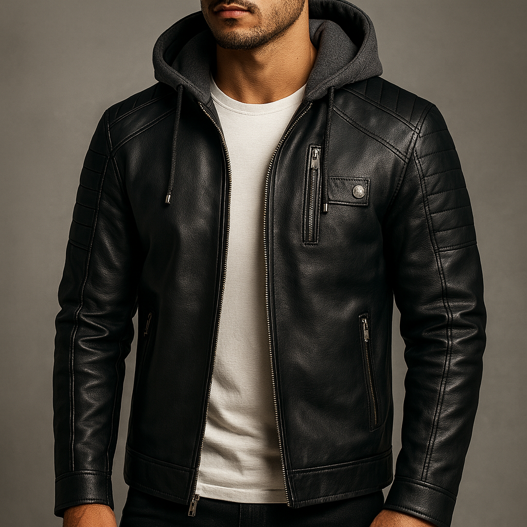 Men's Quilted Leather Jacket with Detachable Hood