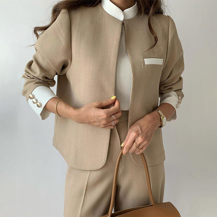 Women's Collarless Blazer and Pleated Straight Leg Trouser Set