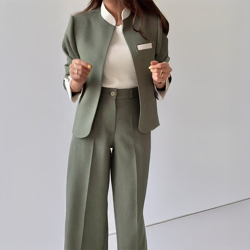 Women's Collarless Blazer and Pleated Straight Leg Trouser Set