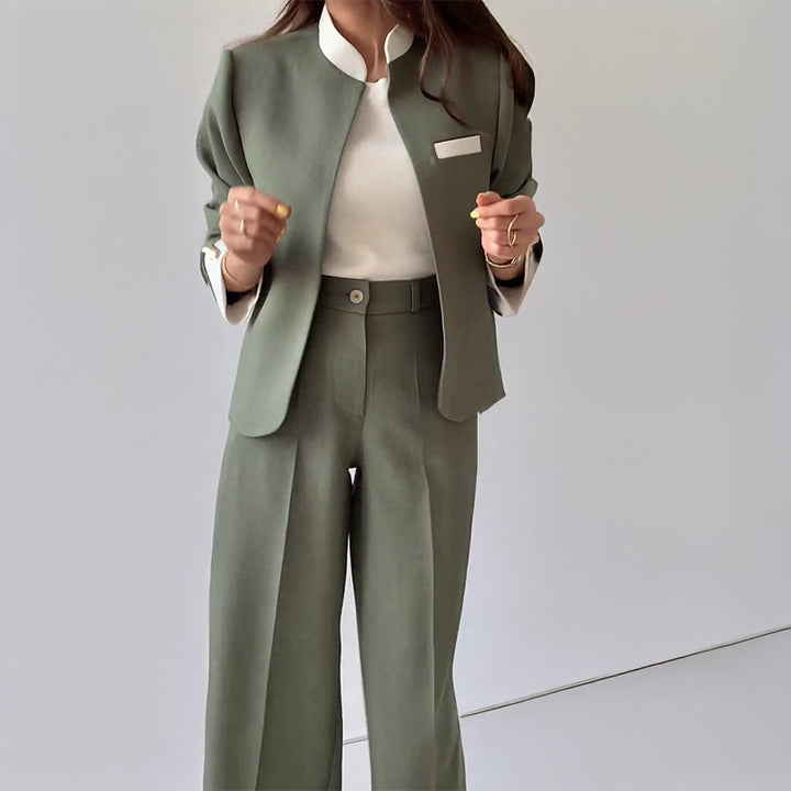 Women's Collarless Blazer and Pleated Straight Leg Trouser Set