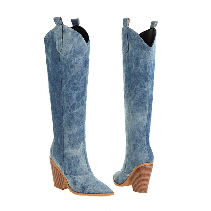 Women's Denim Knee-High Boots with Stacked Heel Design
