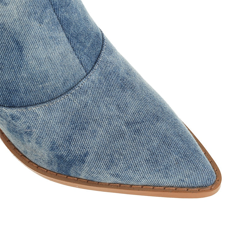 Women's Denim Knee-High Boots with Stacked Heel Design