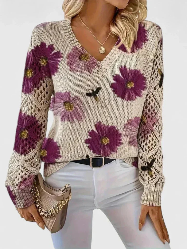 Women's Floral V-Neck Sweater with Openwork Sleeves