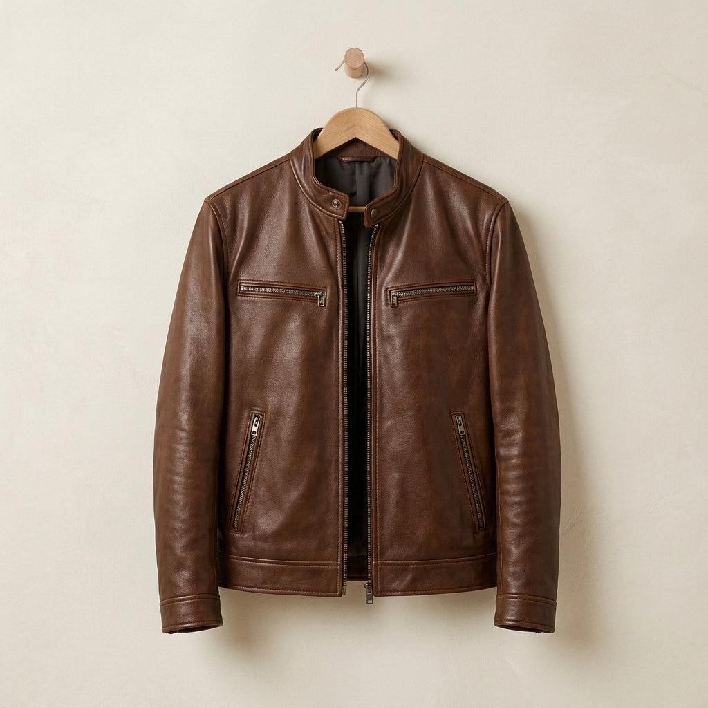 Men's Zip-Front Leather Biker Jacket