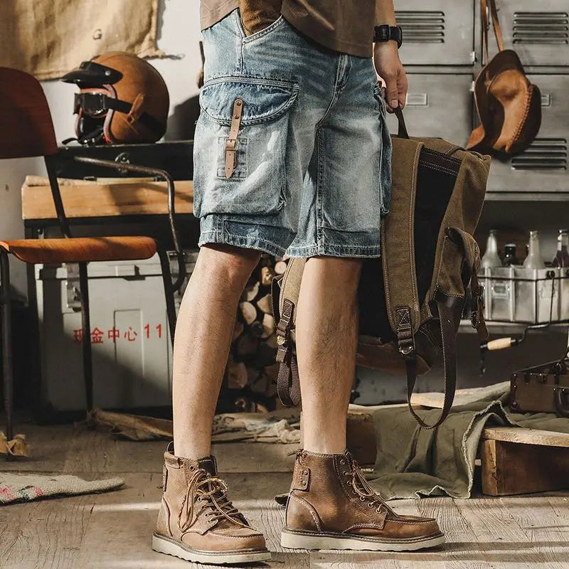 Jake | Men's Retro Motorcycle Style Denim Cargo Shorts