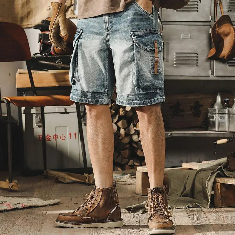 Jake | Men's Retro Motorcycle Style Denim Cargo Shorts