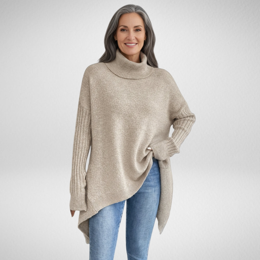 Women's Oversized Turtleneck Sweater with Asymmetric Hem Design
