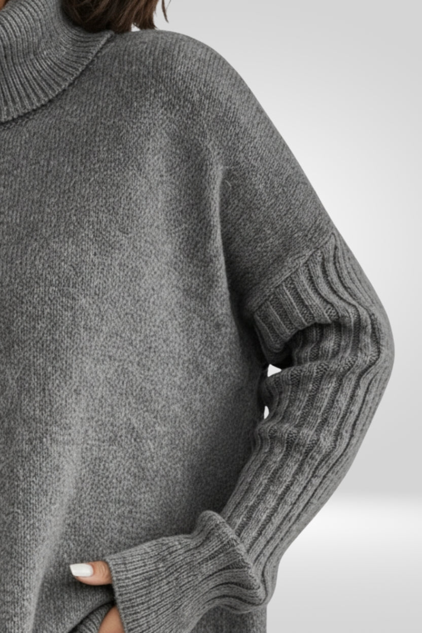 Women's Oversized Turtleneck Sweater with Asymmetric Hem Design