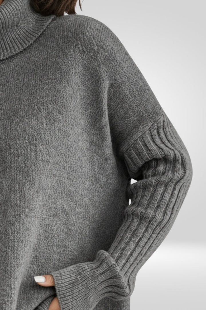 Women's Oversized Turtleneck Sweater with Asymmetric Hem Design