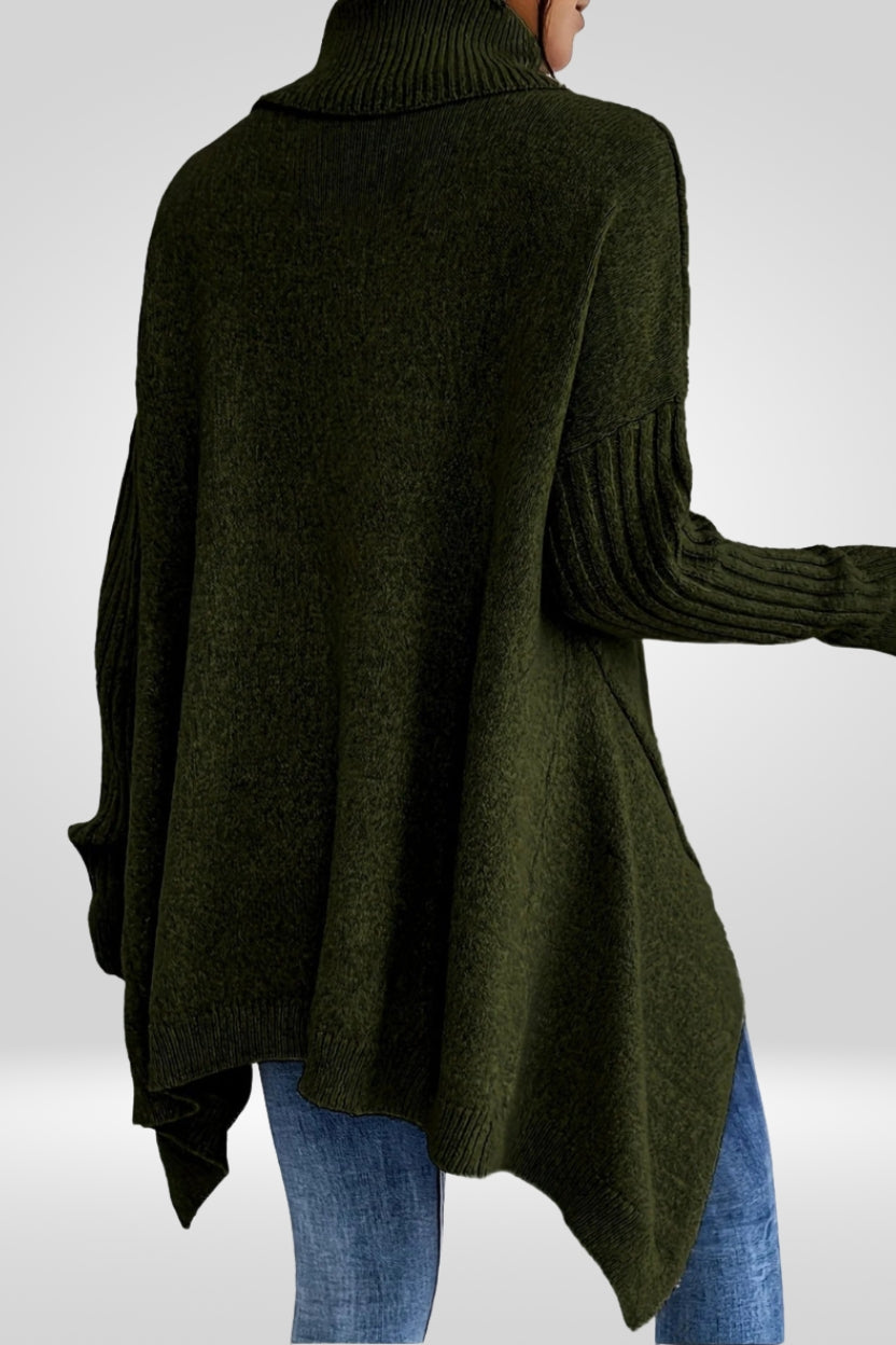 Women's Oversized Turtleneck Sweater with Asymmetric Hem Design