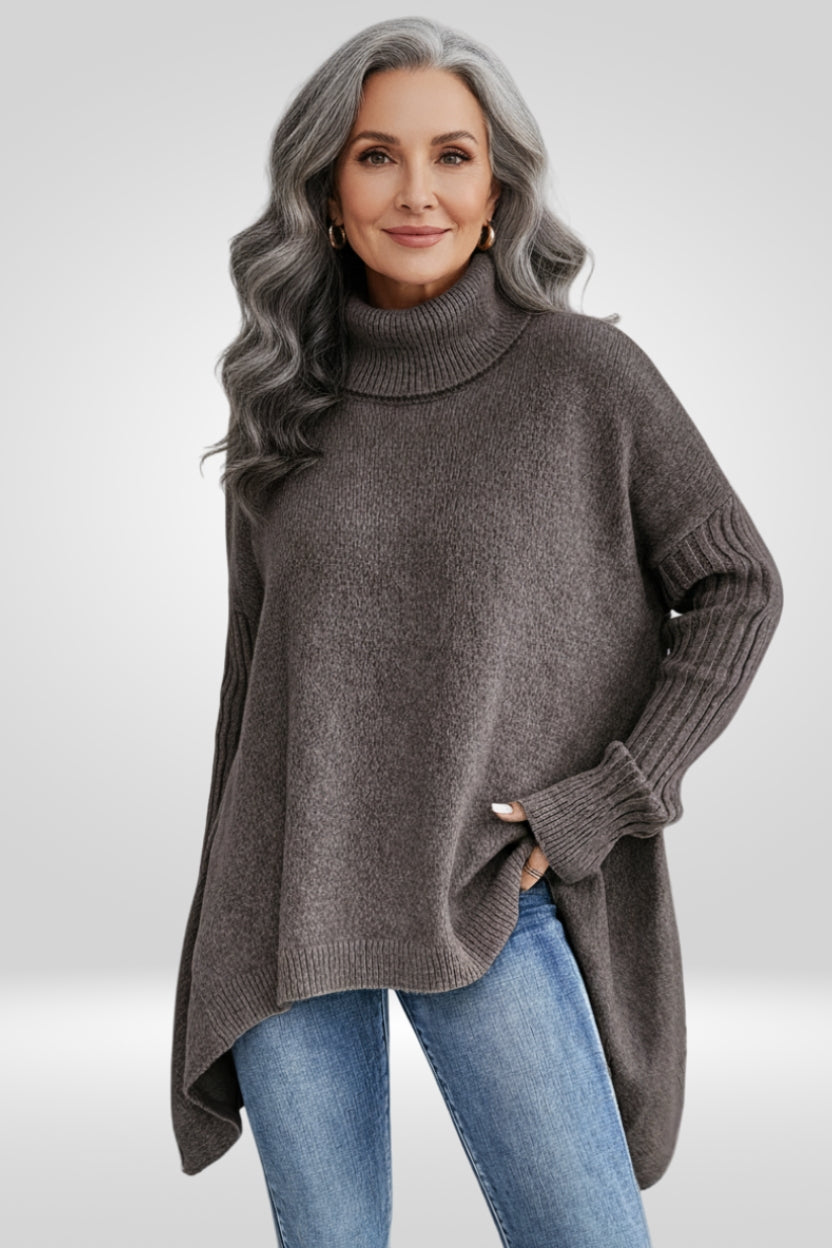 Women's Oversized Turtleneck Sweater with Asymmetric Hem Design