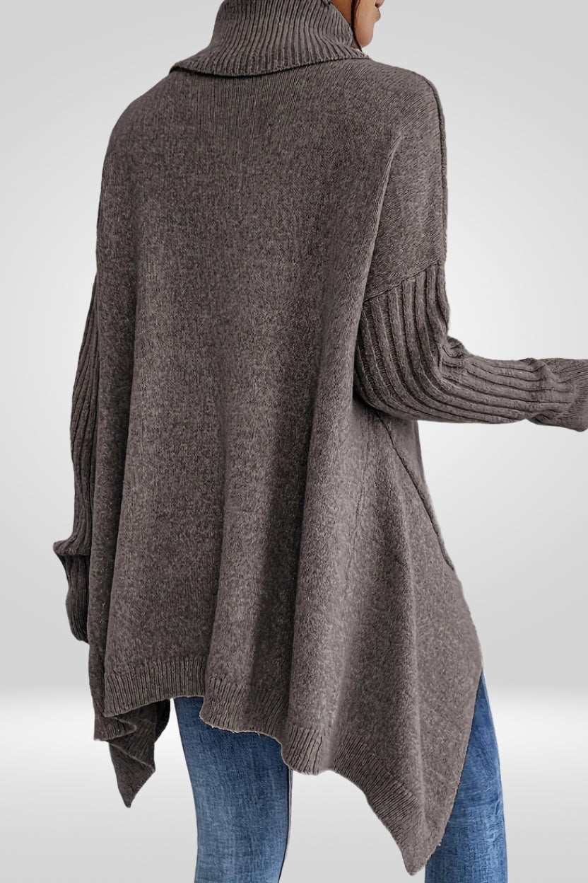 Women's Oversized Turtleneck Sweater with Asymmetric Hem Design