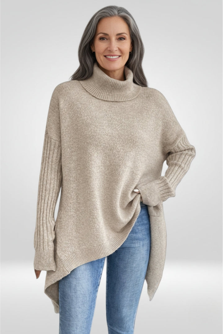 Women's Oversized Turtleneck Sweater with Asymmetric Hem Design