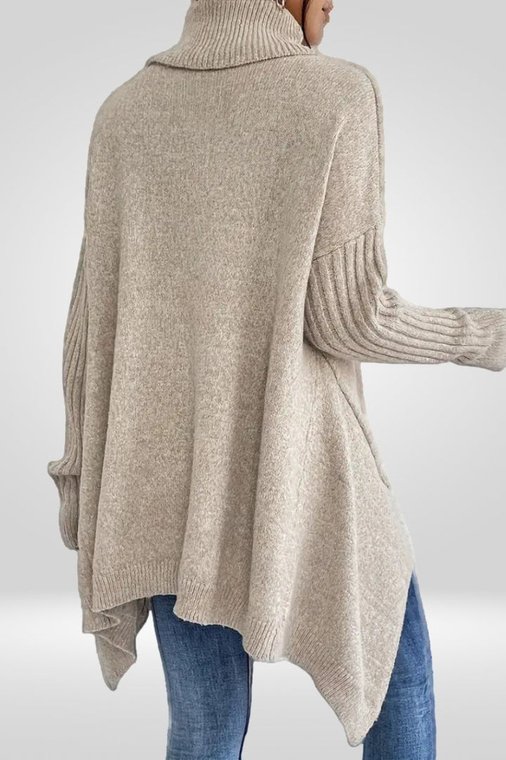 Women's Oversized Turtleneck Sweater with Asymmetric Hem Design