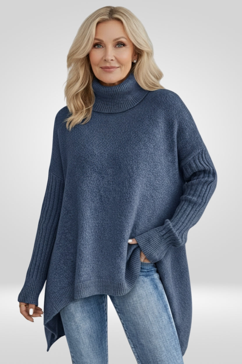 Women's Oversized Turtleneck Sweater with Asymmetric Hem Design