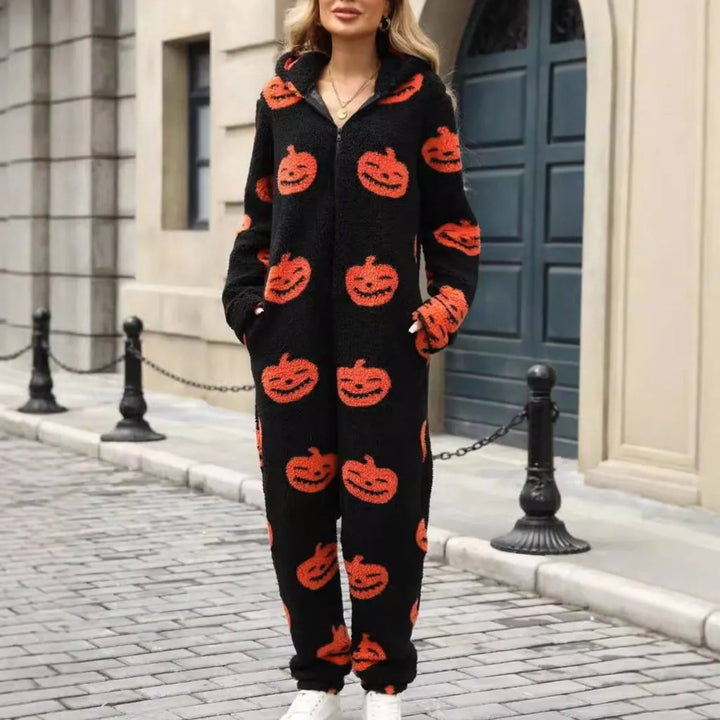 Women's Halloween Jumpsuit - Pumpkin Print Zip-Up Style