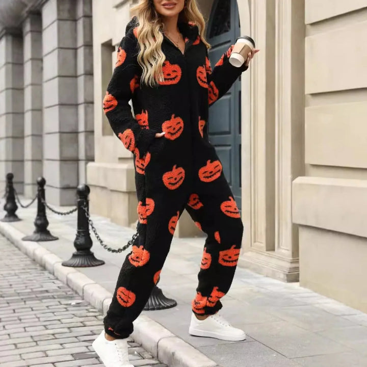 Women's Halloween Jumpsuit - Pumpkin Print Zip-Up Style