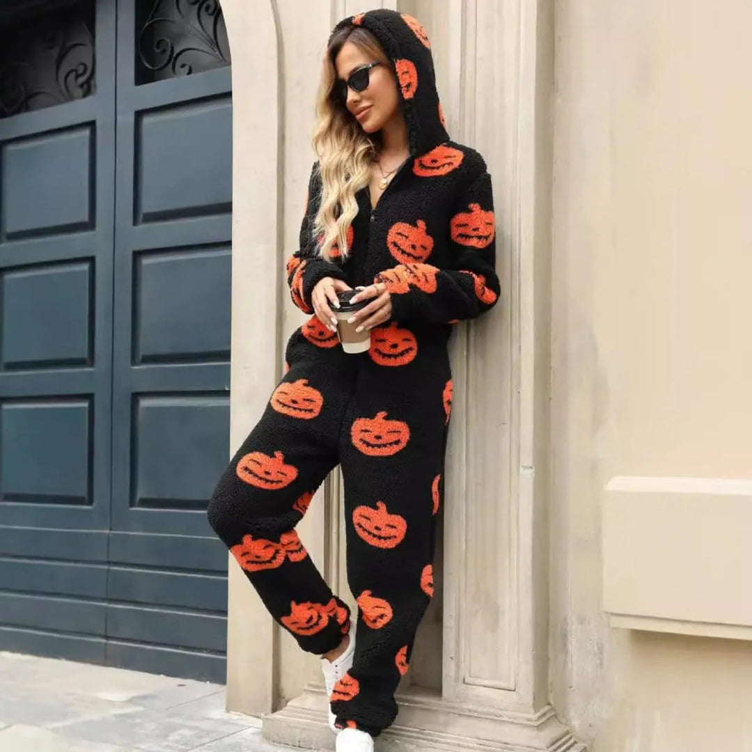 Women's Halloween Jumpsuit - Pumpkin Print Zip-Up Style