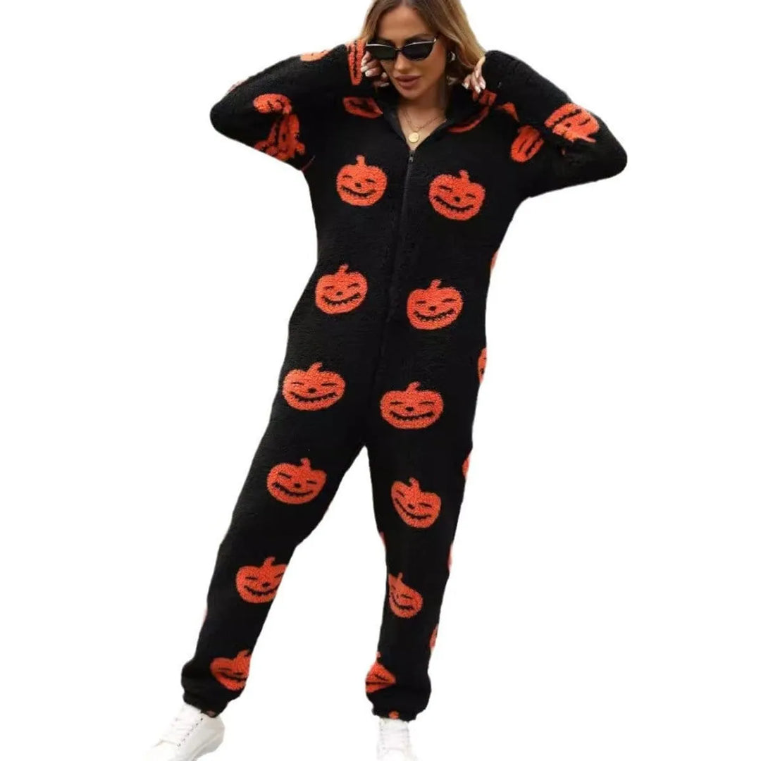 Women's Halloween Jumpsuit - Pumpkin Print Zip-Up Style