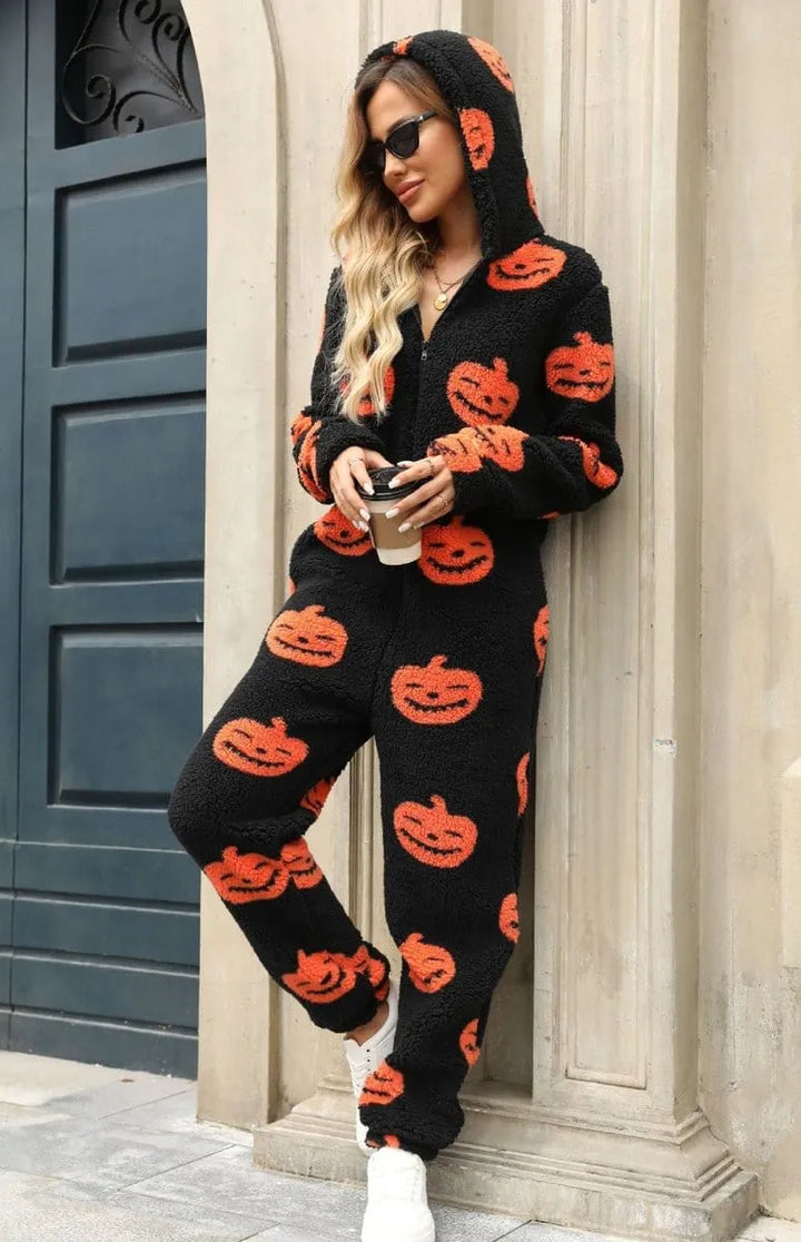 Women's Halloween Jumpsuit - Pumpkin Print Zip-Up Style
