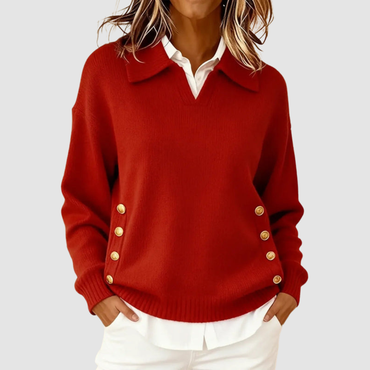 Women's Collared V-Neck Knit Sweater with Side Buttons