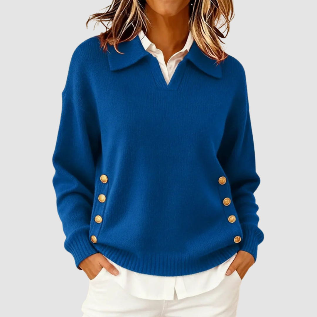 Women's Collared V-Neck Knit Sweater with Side Buttons