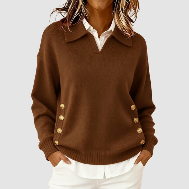 Women's Collared V-Neck Knit Sweater with Side Buttons