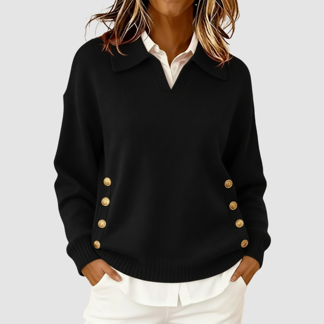Women's Collared V-Neck Knit Sweater with Side Buttons