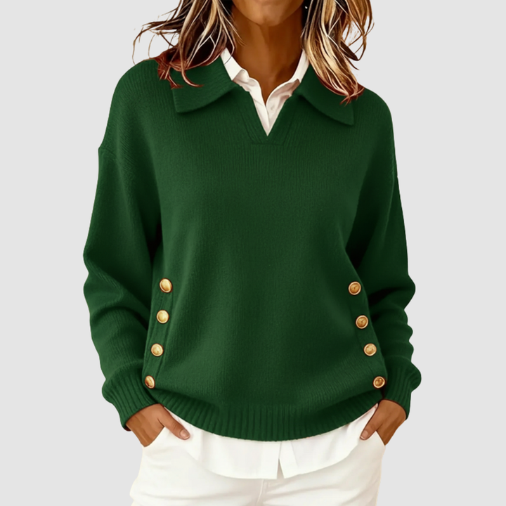Women's Collared V-Neck Knit Sweater with Side Buttons